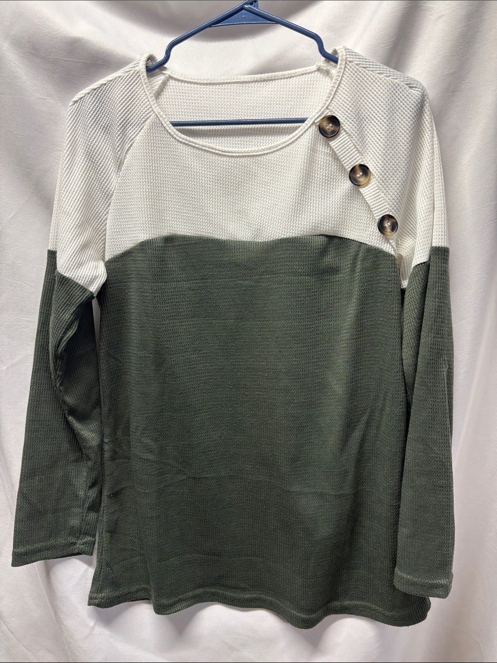 SHEIN Colorblock Olive & Cream Long Sleeve Top with Button Detail